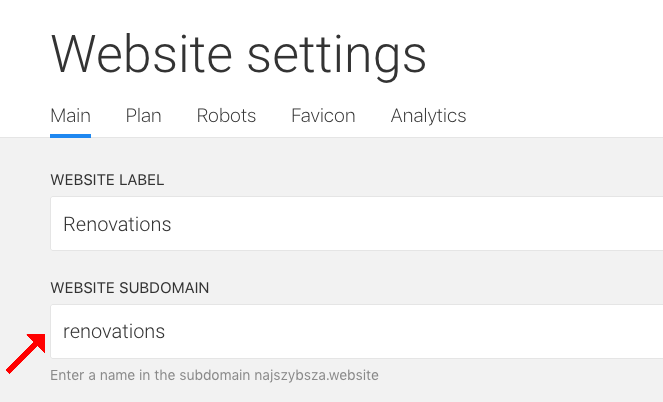 website settings subdomain